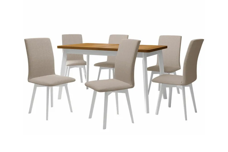 Patrickswell Rektangulär Utdragbar Matgrupp 140–180 cm – Matbord med Ekutseende och 6 Klädda Matstolar med Vinklade Ben, Vit|Beige|Brun
