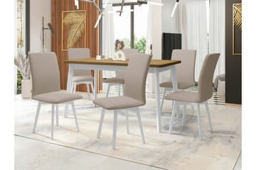 Patrickswell Rektangulär Utdragbar Matgrupp 140–180 cm – Matbord med Ekutseende och 6 Klädda Matstolar med Vinklade Ben - Vit|Beige|Ljusbrun - Möbler - Bord & matgrupper - Matgrupper