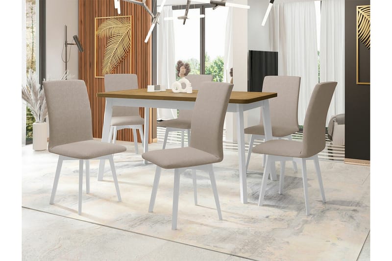 Patrickswell Rektangulär Utdragbar Matgrupp 140–180 cm – Matbord med Ekutseende och 6 Klädda Matstolar med Vinklade Ben - Vit|Beige|Ljusbrun - Möbler - Bord & matgrupper - Matgrupper