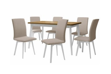 Patrickswell Rektangulär Utdragbar Matgrupp 140–180 cm – Matbord med Ekutseende och 6 Klädda Matstolar med Vinklade Ben - Vit|Beige|Ljusbrun - Möbler - Bord & matgrupper - Matgrupper