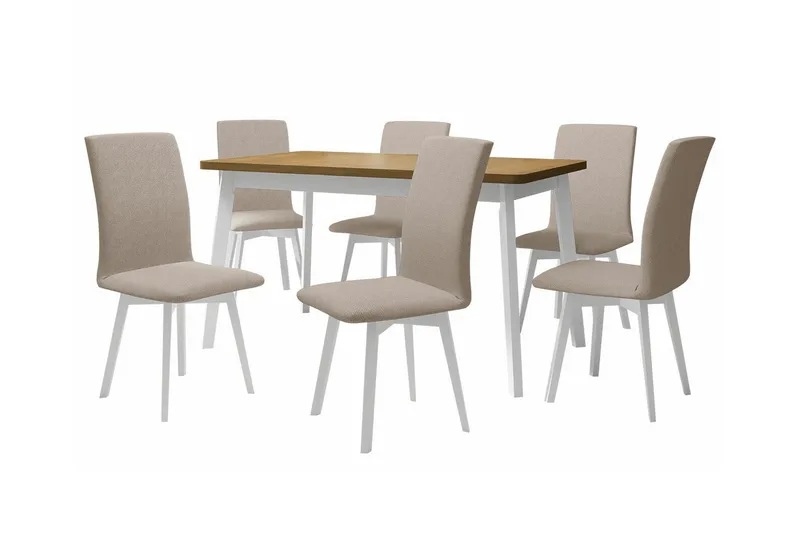 Patrickswell Rektangulär Utdragbar Matgrupp 140–180 cm – Matbord med Ekutseende och 6 Klädda Matstolar med Vinklade Ben, Vit|Beige|Ljusbrun