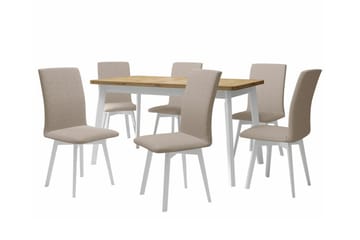 Patrickswell Rektangulär Utdragbar Matgrupp 140–180 cm – Matbord med Ekutseende och 6 Klädda Matstolar med Vinklade Ben - Vit|Beige|Natur - Möbler - Bord & matgrupper - Matgrupper