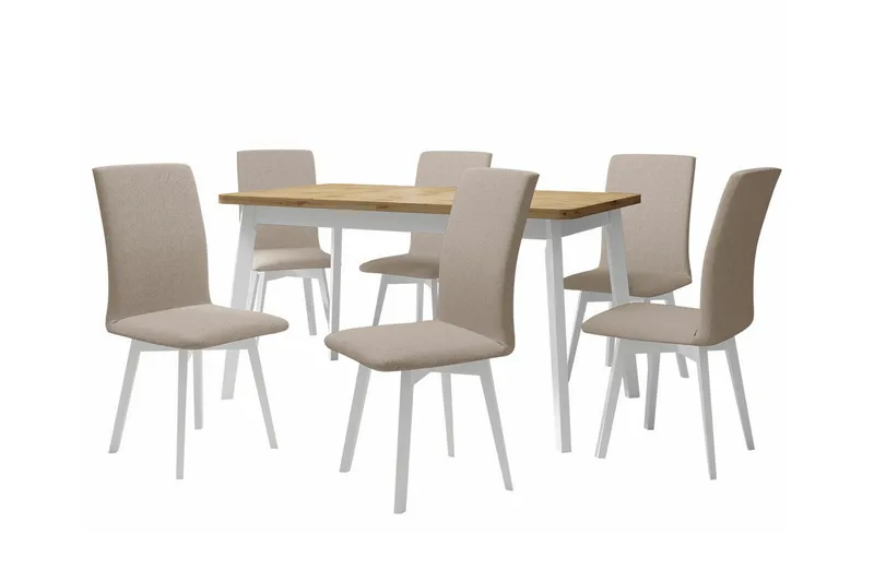 Patrickswell Rektangulär Utdragbar Matgrupp 140–180 cm – Matbord med Ekutseende och 6 Klädda Matstolar med Vinklade Ben, Vit|Beige|Natur