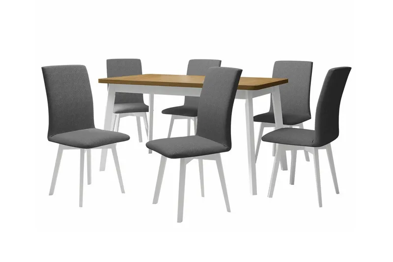 Patrickswell Rektangulär Utdragbar Matgrupp 140–180 cm – Matbord med Ekutseende och 6 Klädda Matstolar med Vinklade Ben, Vit|Grå|Ljusbrun