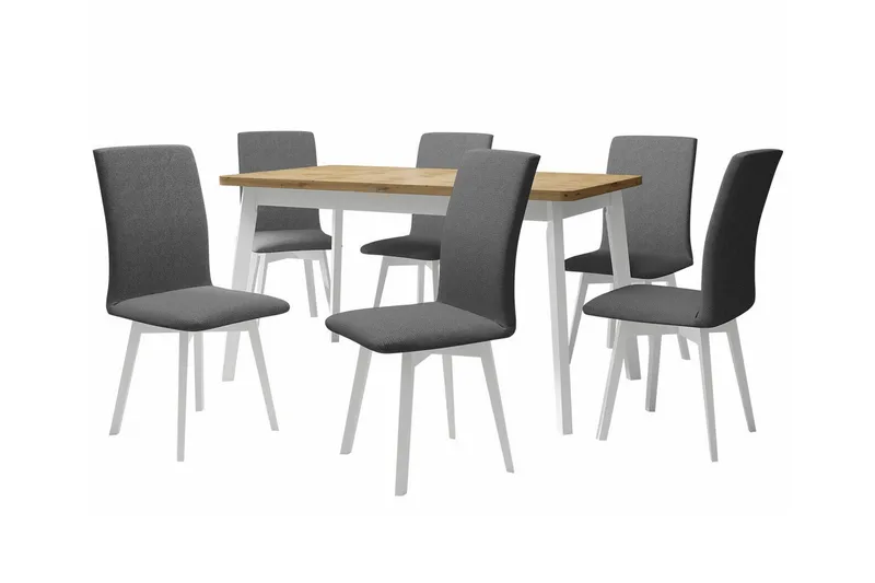 Patrickswell Rektangulär Utdragbar Matgrupp 140–180 cm – Matbord med Ekutseende och 6 Klädda Matstolar med Vinklade Ben, Vit|Grå|Natur