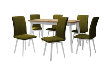 Patrickswell Rektangulär Utdragbar Matgrupp 140–180 cm – Matbord med Ekutseende och 6 Klädda Matstolar med Vinklade Ben - Vit|Olivgrön|Natur - Möbler - Bord & matgrupper - Matgrupper