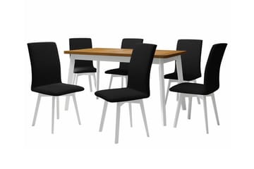 Patrickswell Rektangulär Utdragbar Matgrupp 140–180 cm – Matbord med Ekutseende och 6 Klädda Matstolar med Vinklade Ben - Vit|Svart|Brun - Möbler - Bord & matgrupper - Matgrupper