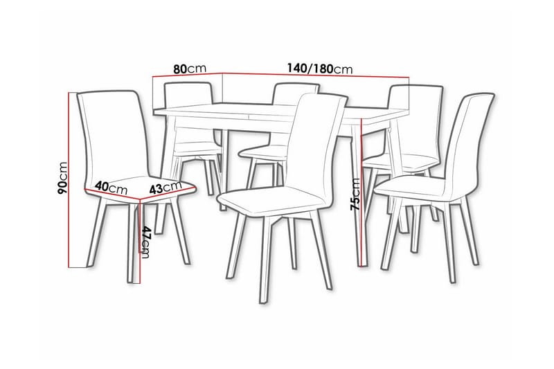 Patrickswell Rektangulär Utdragbar Matgrupp 140–180 cm – Matbord med Ekutseende och 6 Klädda Matstolar med Vinklade Ben - Vit|Svart|Brun - Möbler - Bord & matgrupper - Matgrupper