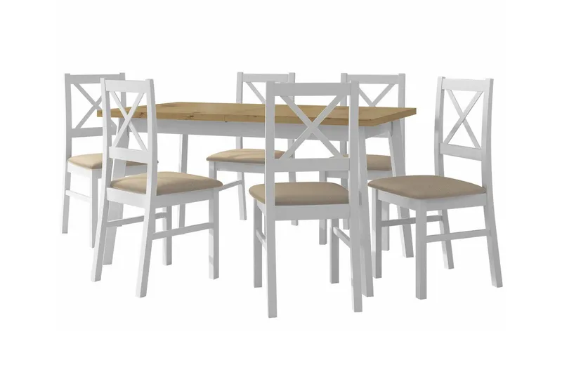 Patrickswell Rektangulär Utdragbar Matgrupp 140–180 cm – Matbord med Ekutseende och 6 Matstolar med Kryssrygg i Trä, Vit|Beige|Natur