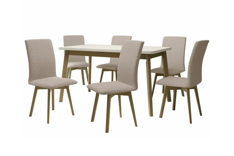 Patrickswell Rektangulär Utdragbar Matgrupp 140–180 cm – Matbord med Vit Skiva och 6 Klädda Matstolar med Vinklade Ben, Natur|Beige