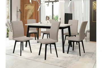 Patrickswell Rektangulär Utdragbar Matgrupp 140–180 cm – Matbord med Vit Skiva och 6 Klädda Matstolar med Vinklade Ben - Svart|Beige - Möbler - Bord & matgrupper - Matgrupper