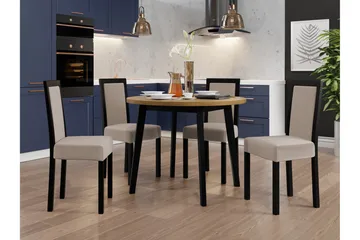 Patrickswell Rund Matgrupp 100 cm – Matbord med Ekutseende och 4 Matstolar med Klädd Rygg i Trä - Svart|Beige - Möbler - Bord & matgrupper - Matgrupper