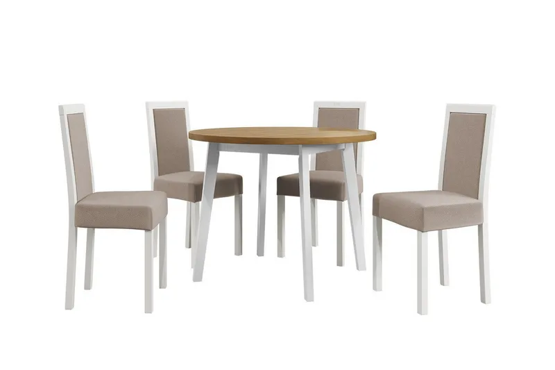 Patrickswell Rund Matgrupp 100 cm – Matbord med Ekutseende och 4 Matstolar med Klädd Rygg i Trä, Vit|Beige