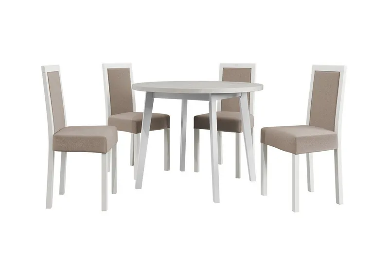 Patrickswell Rund Matgrupp 100 cm – Matbord med Vit Skiva och 4 Matstolar med Klädd Rygg i Trä, Vit|Beige