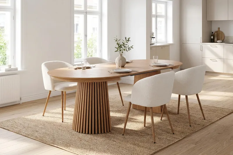 Peyra Förlängningsbart runt 120-220 cm Ek med 4 Greya Matstolar - Ek/Vit - Möbler - Bord & matgrupper - Matgrupper
