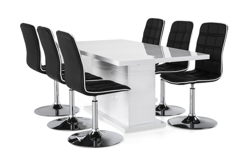 Ratliff Förlängningsbar Matgrupp 180 cm med 6 Frida Stol - Vit/Svart PU/Krom - Möbler - Bord & matgrupper - Matgrupper
