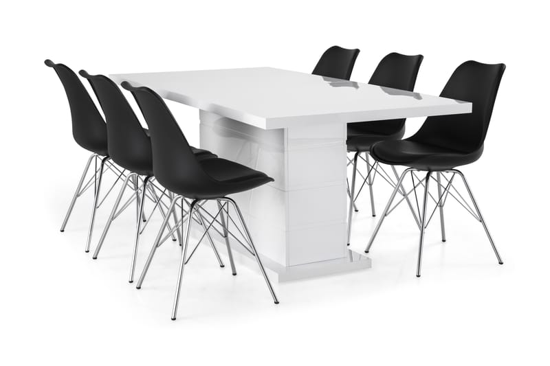 Ratliff Förlängningsbar Matgrupp 180 cm med 6 Shell Stol - Vit/Svart PU/Krom - Möbler - Bord & matgrupper - Matgrupper