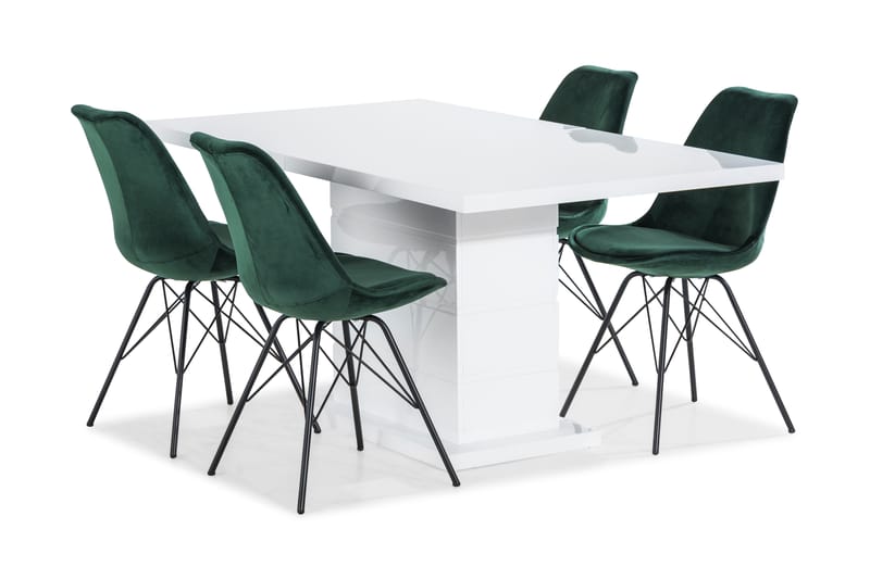 Ratliff Matgrupp 160 cm med 4 Shell Stol Sammet - Vit/Grön - Möbler - Bord & matgrupper - Matgrupper