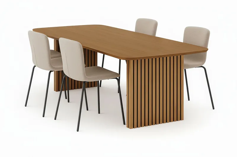 Richeto Matbord 240 cm med 4 Katy Matstolar, Naturlig finish / Greige Bouclé / Metallben Svart