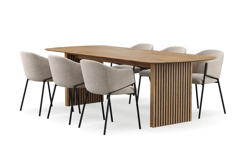 Richeto Matbord 240 cm med 6 Filip Matstolar, Naturlig finish / Taupe Bouclé
