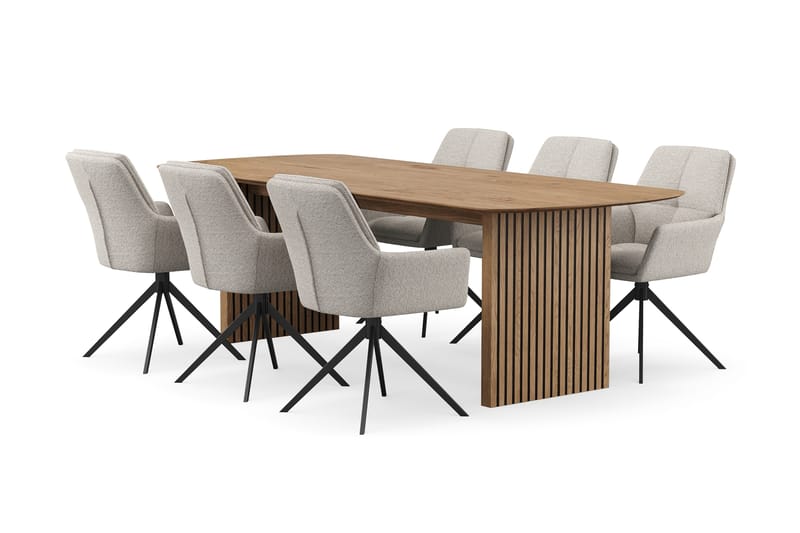 Richeto Matgrupp 240 cm med 6 Torsby Snurrstolar, Naturlig finish/Mörkbeige