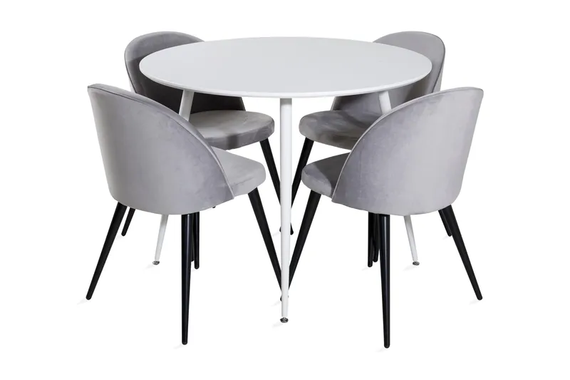 Ridones Matgrupp 100 cm Rund inkl 4 Valerie Sammetsstolar, Vit/Ljusgrå