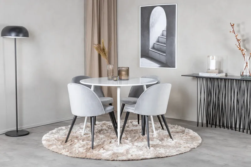 Ridones Matgrupp 100 cm Rund inkl 4 Valerie Sammetsstolar - Vit/Ljusgrå - Möbler - Bord & matgrupper - Matgrupper