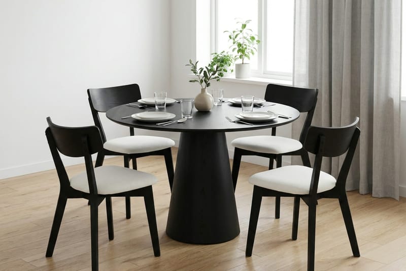Siena Matgrupp 110 cm runt i Svart med 4 Amelia Matstolar med Dyna - Svart/Beige - Möbler - Bord & matgrupper - Matgrupper