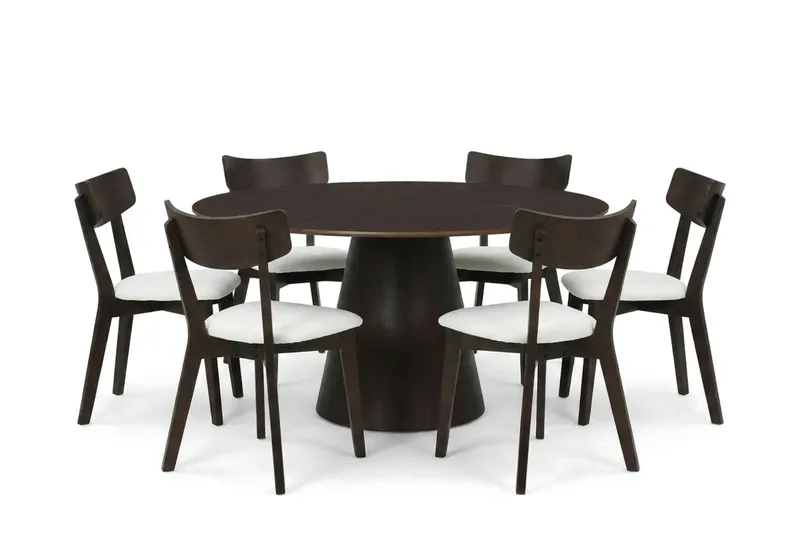 Siena Matgrupp 150 cm runt i Rökt Ek med 6 Amelia Matstolar med Dyna, Rökt Ek/Beige