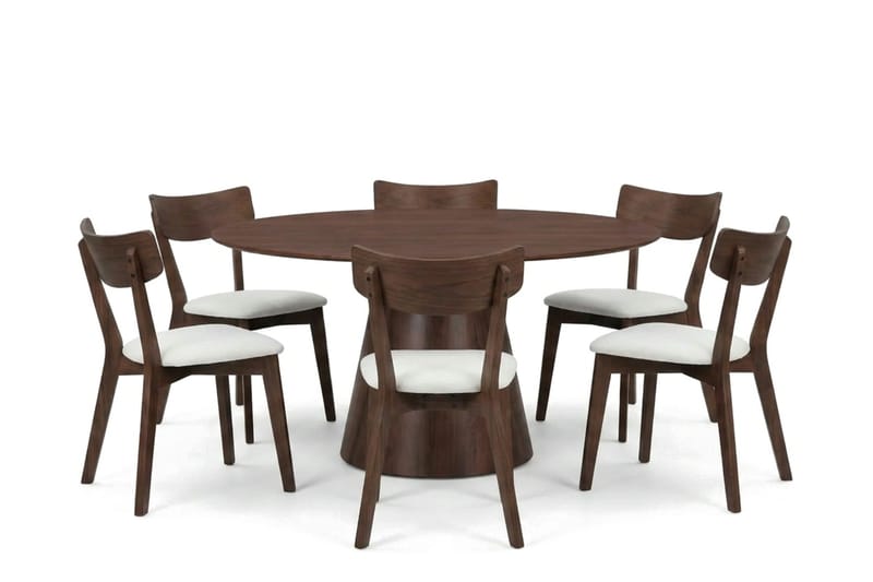 Siena Matgrupp 150 cm runt i Valnöt med 6 Amelia Matstolar med Dyna - Valnöt/Beige - Möbler - Bord & matgrupper - Matgrupper