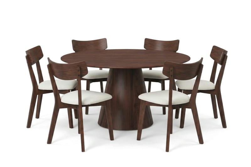 Siena Matgrupp 150 cm runt i Valnöt med 6 Amelia Matstolar med Dyna, Valnöt/Beige