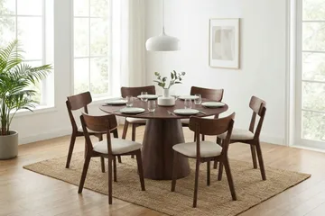 Siena Matgrupp 150 cm runt i Valnöt med 6 Amelia Matstolar med Dyna - Valnöt/Beige - Möbler - Bord & matgrupper - Matgrupper