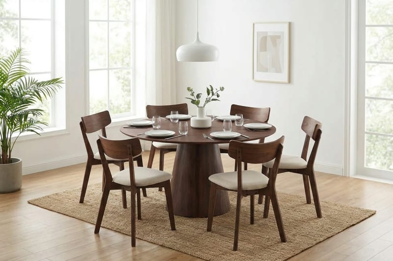Siena Matgrupp 150 cm runt i Valnöt med 6 Amelia Matstolar med Dyna - Valnöt/Beige - Möbler - Bord & matgrupper - Matgrupper