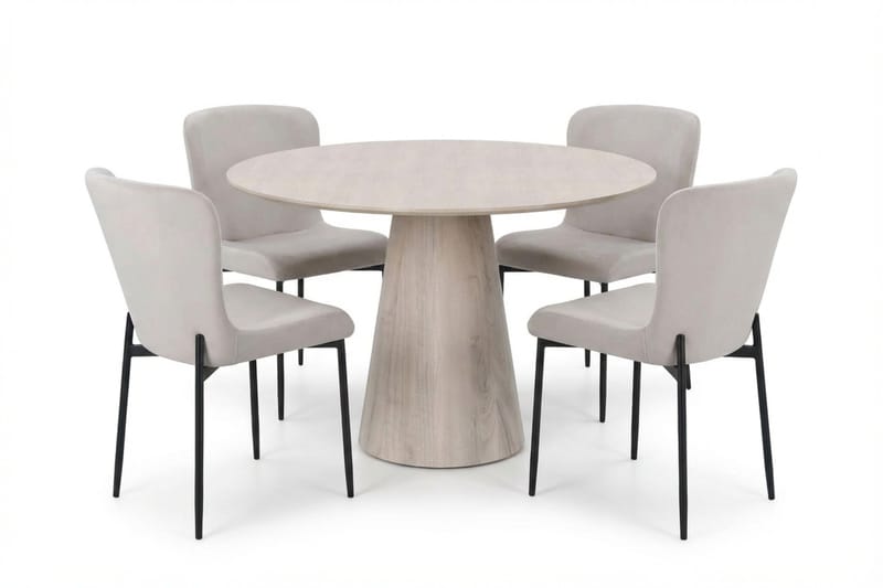 Siena Matgrupp runt 110 cm Vitlaserad med 4 Elsie Matstolar, Vitlaserad/Beige