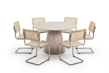 Siena Matgrupp runt 130 cm Vitlaserad med 6 Build Matstolar - Vitlaserad/Natur/krom - Möbler - Bord & matgrupper - Matgrupper