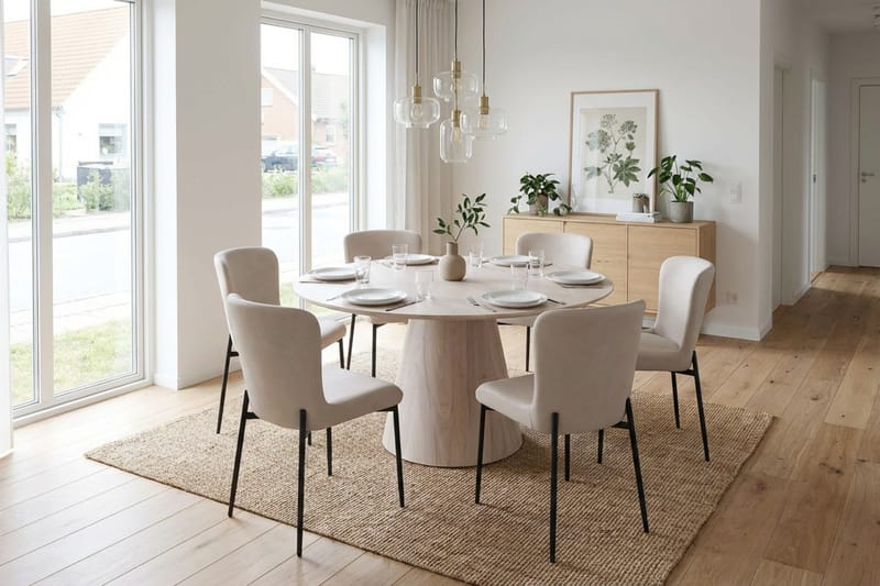 Siena Matgrupp runt 130 cm Vitlaserad med 6 Elsie Matstolar - Vitlaserad/Beige - Möbler - Bord & matgrupper - Matgrupper