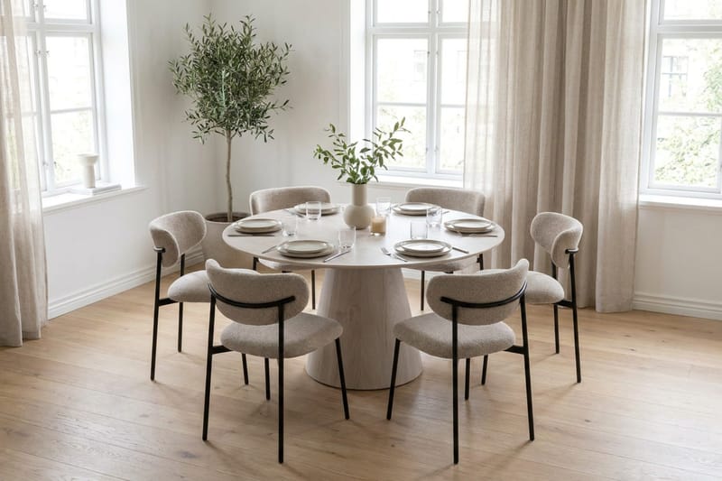 Siena Matgrupp runt 150 cm Vitlaserad med 6 Lucy Matstolar - Vitlaserad - Möbler - Bord & matgrupper - Matgrupper