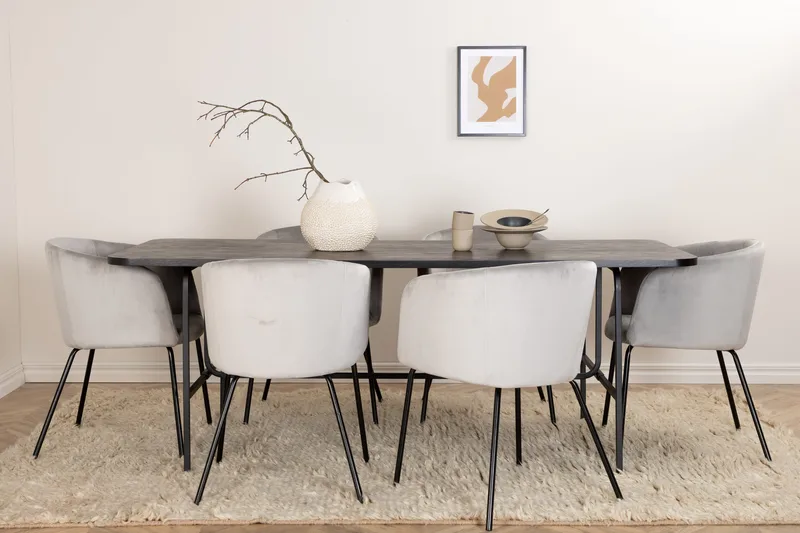 Unos Matgrupp 200 cm inkl 6 Berita Sammetsstolar - Svart/Grå - Möbler - Bord & matgrupper - Matgrupper