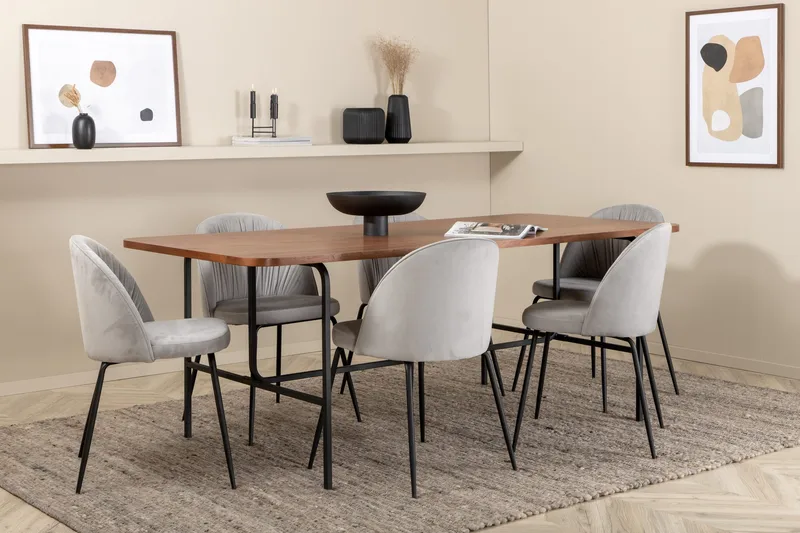 Unos Matgrupp 200 cm inkl 6 Foyos Stolar, Valnötsbrun/Svart/Grå