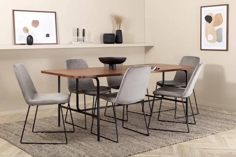 Unos Matgrupp 200 cm inkl 6 Jadraque Stolar, Valnötsbrun/Svart/Grå