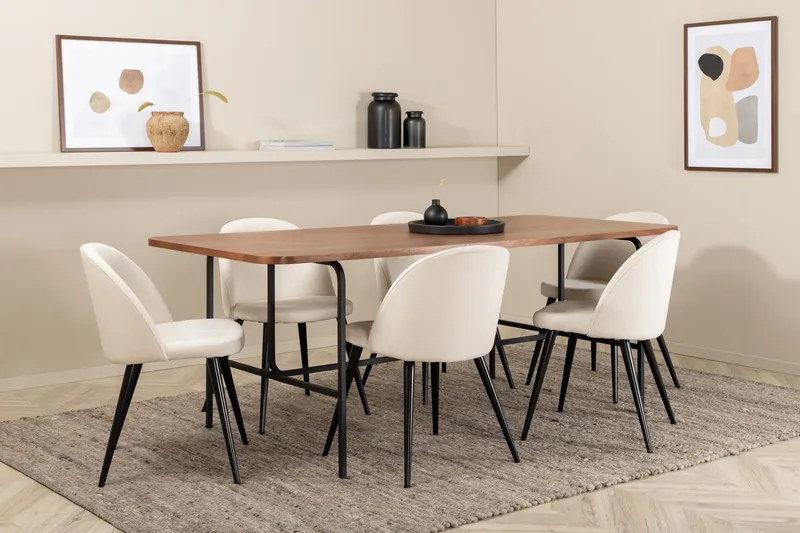 Unos Matgrupp 200 cm inkl 6 Valera Manchesterstolar, Valnötsbrun/Svart/Beige