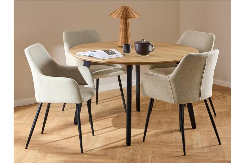 Motona Matgrupp Rund 120 cm + 4 st Nielsby Matstolar, Svart/Beige