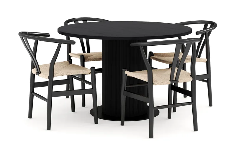 Noira Matgrupp 120 cm Massiv Ek Rund med 4 Dastoori Matstol - 2220067-4,2206128-1 - Svart - Möbler - Bord & matgrupper - Matgrupper