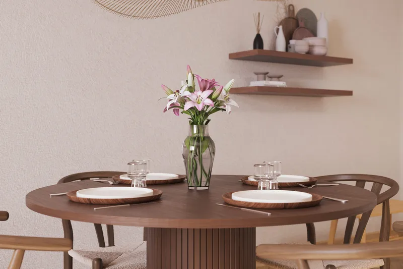 Noira Matgrupp 120 cm Massiv Valnöt Rund med 4 Dastoori Matstol - 2220070-4,2098428-1 - Brun / Beige / Valnöt - Möbler - Bord & matgrupper - Matgrupper