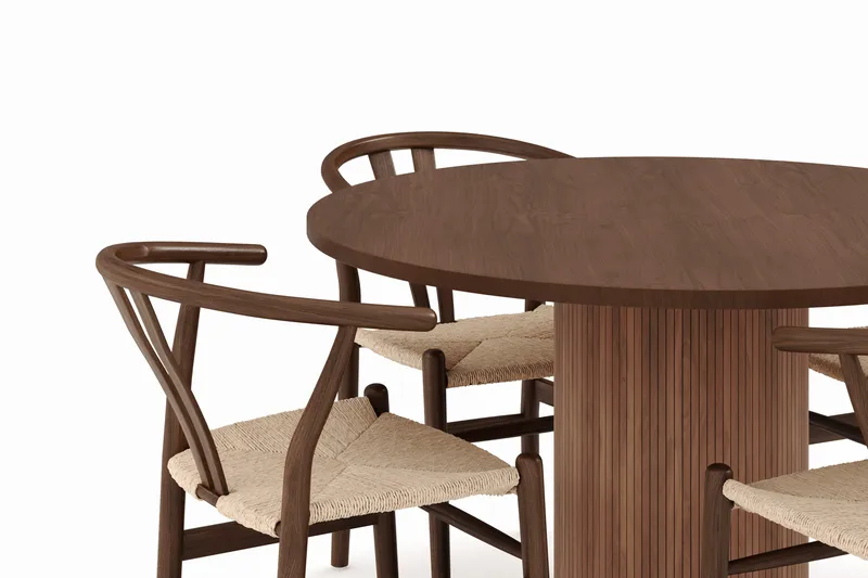 Noira Matgrupp 120 cm Massiv Valnöt Rund med 4 Dastoori Matstol - 2220070-4,2098428-1 - Brun / Beige / Valnöt - Möbler - Bord & matgrupper - Matgrupper