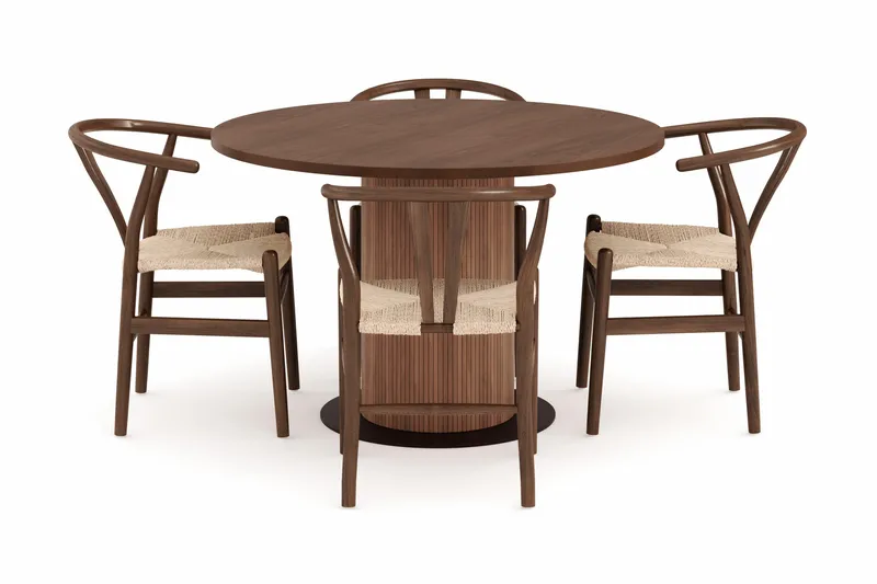 Noira Matgrupp 120 cm Massiv Valnöt Rund med 4 Dastoori Matstol - 2220070-4,2098428-1 - Brun / Beige / Valnöt - Möbler - Bord & matgrupper - Matgrupper