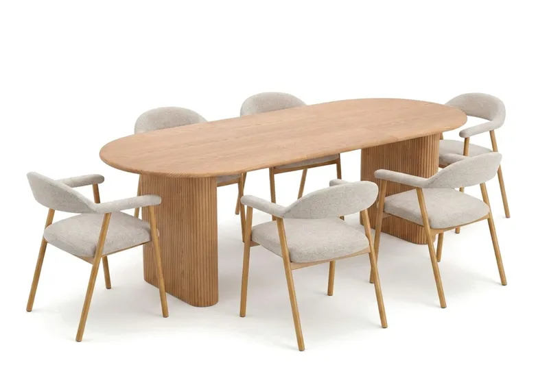 Noira Matgrupp 160-220 cm förlängningsbart i Ek med 6 Ronja Matstolar, Ek