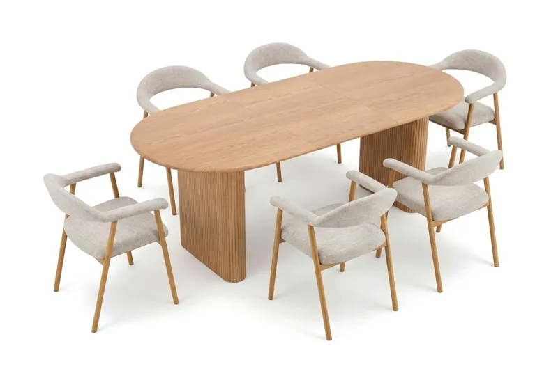 Noira Matgrupp 160-220 cm förlängningsbart i Ek med 6 Ronja Matstolar - Sand/Ek - Möbler - Bord & matgrupper - Matgrupper