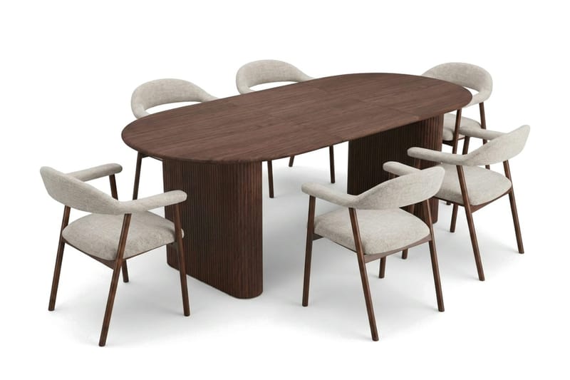 Noira Matgrupp 160-220 cm förlängningsbart i Valnöt med 6 Ronja Matstolar - Sand/Valnöt - Möbler - Bord & matgrupper - Matgrupper