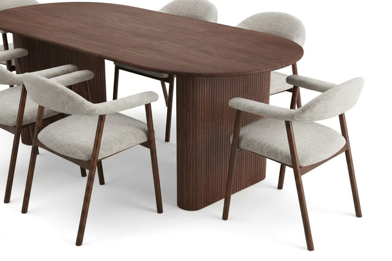 Noira Matgrupp 160-220 cm förlängningsbart i Valnöt med 6 Ronja Matstolar - Sand/Valnöt - Möbler - Bord & matgrupper - Matgrupper